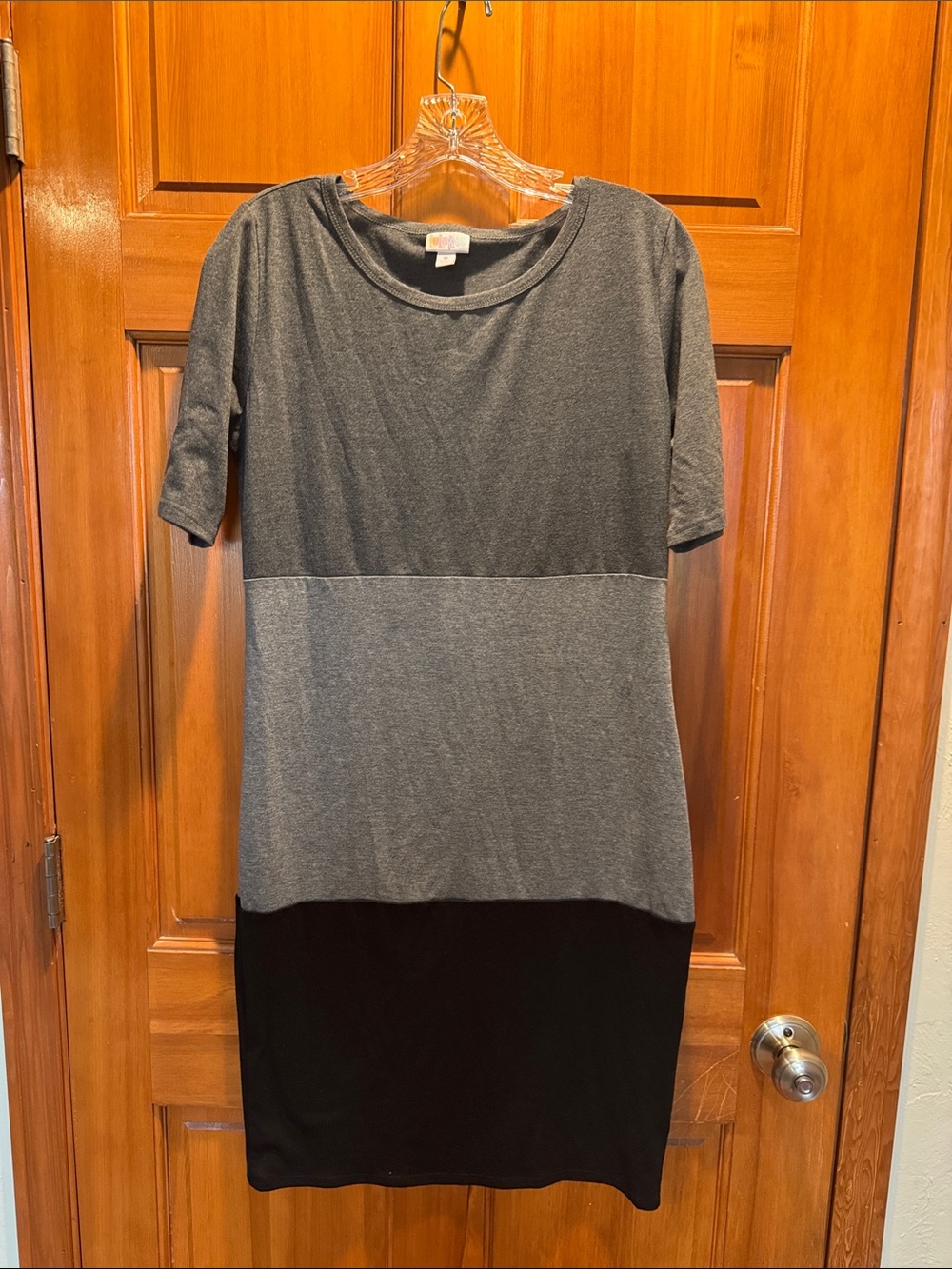 LuLaRoe Julia Dress Color Block Grey Black Short Sleeve Fitted Midi- Medium